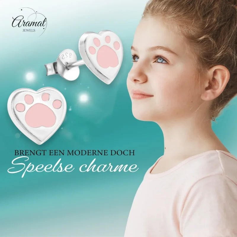 Zilveren Pootafdruk Oorbellen - Roze Emaille - Roze -