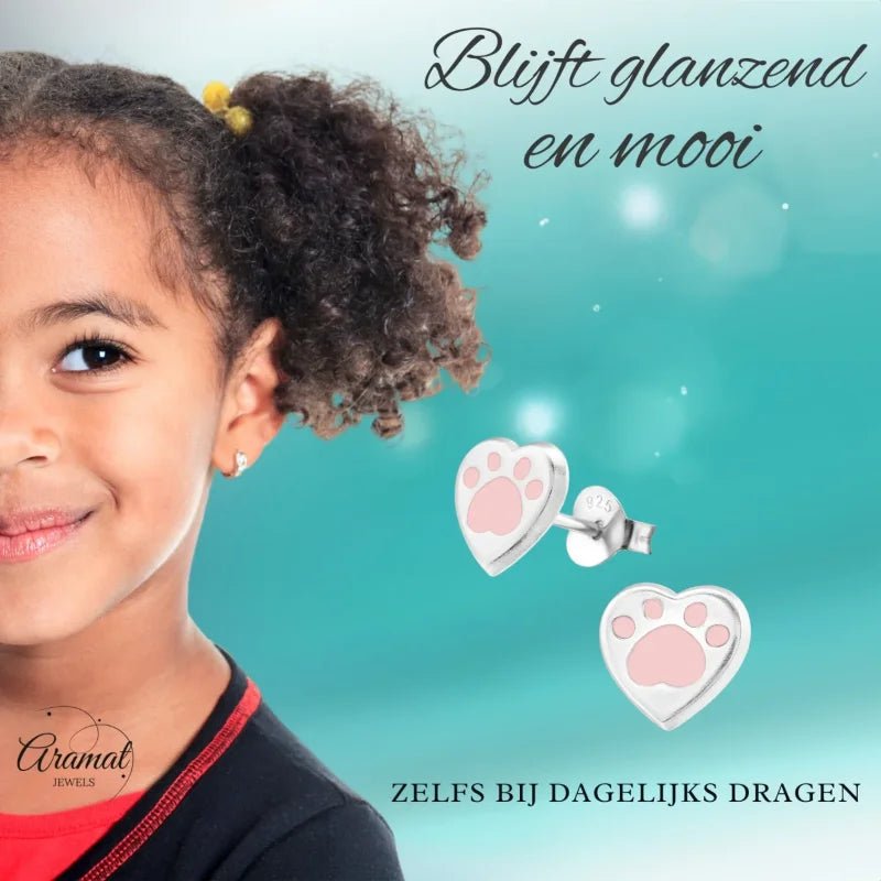 Zilveren Pootafdruk Oorbellen - Roze Emaille - Roze -