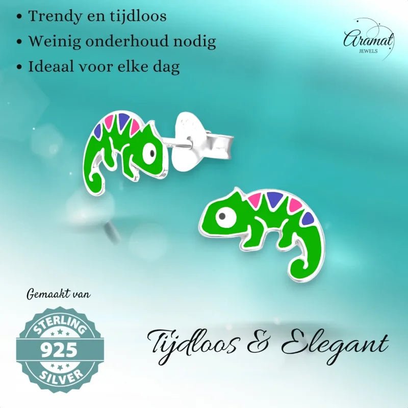 Zilveren Kameleon Oorbellen - Groene Emaille -