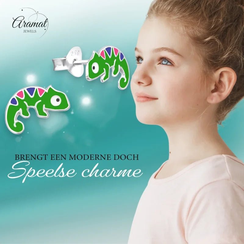 Zilveren Kameleon Oorbellen - Groene Emaille -