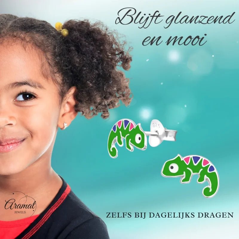 Zilveren Kameleon Oorbellen - Groene Emaille -