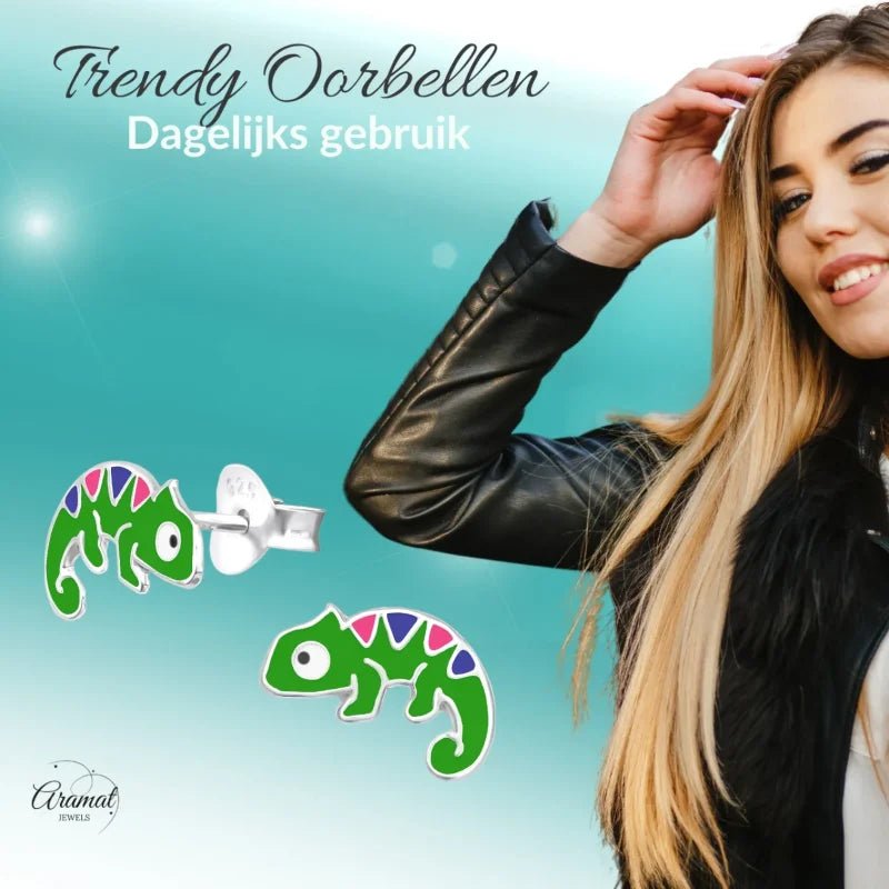 Zilveren Kameleon Oorbellen - Groene Emaille -