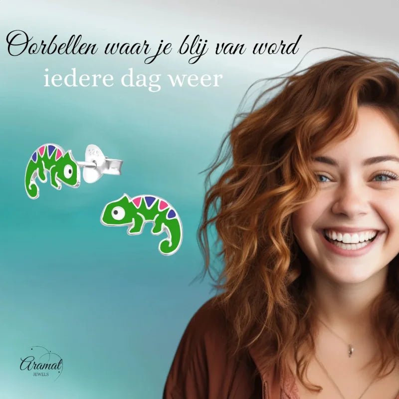 Zilveren Kameleon Oorbellen - Groene Emaille -