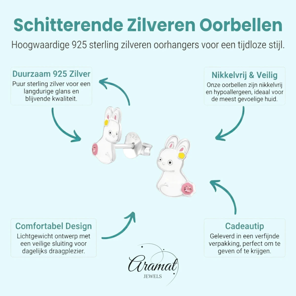 Zilveren Oorbellen Konijn - Wit Emaille -