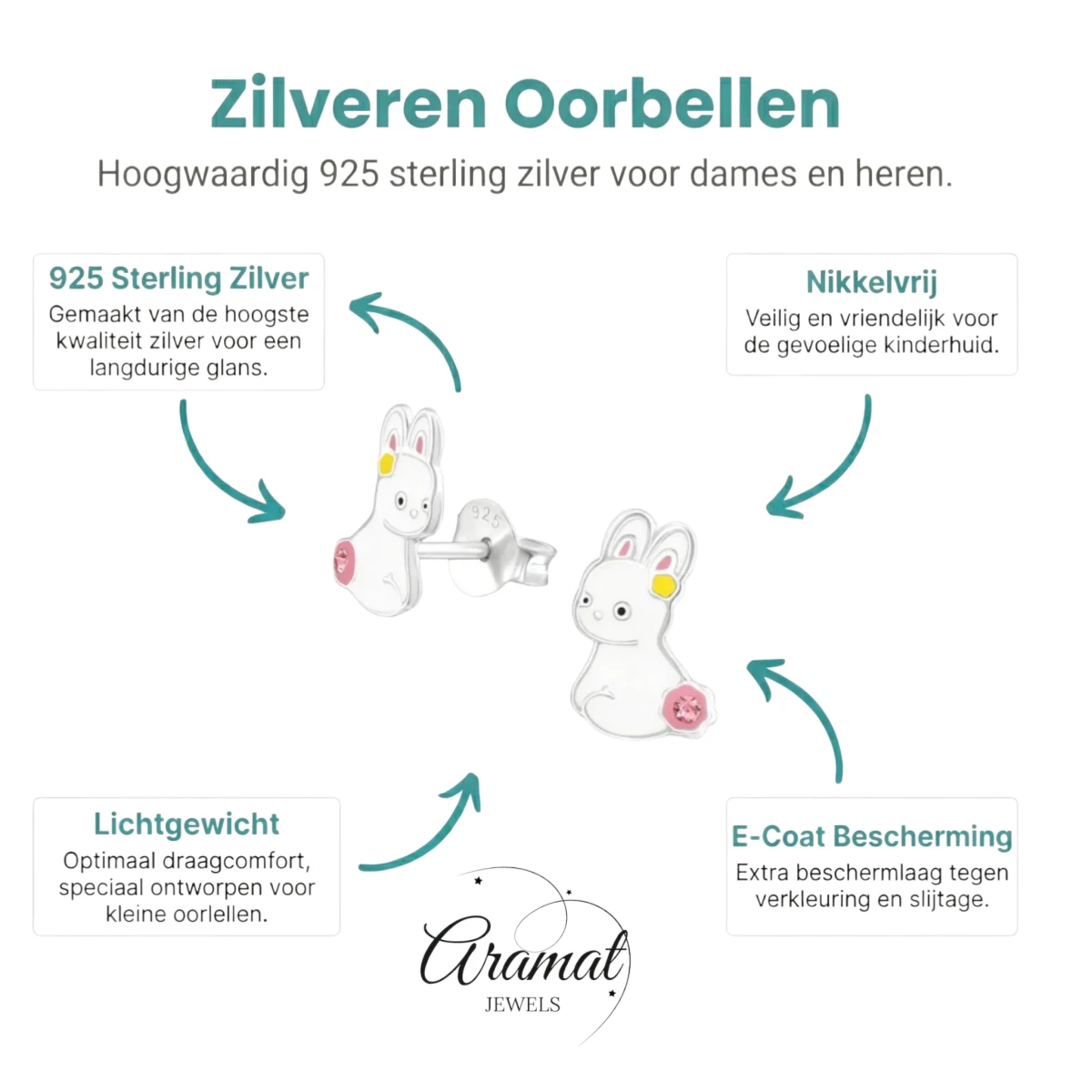 Zilveren Oorbellen Konijn - Wit Emaille -