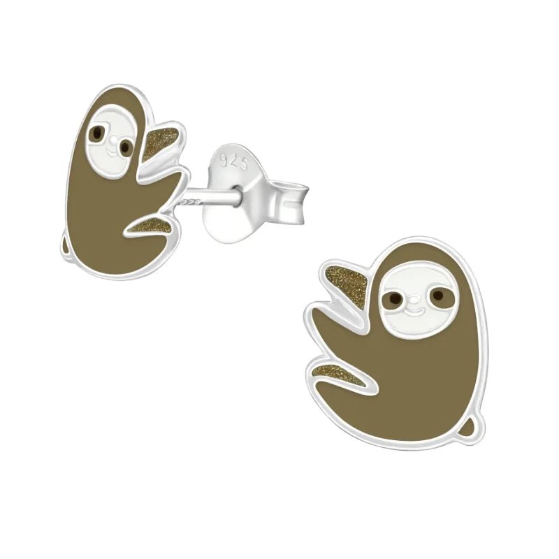 Zilveren Luiaard Oorbellen - Bruin/Beige Emaille -