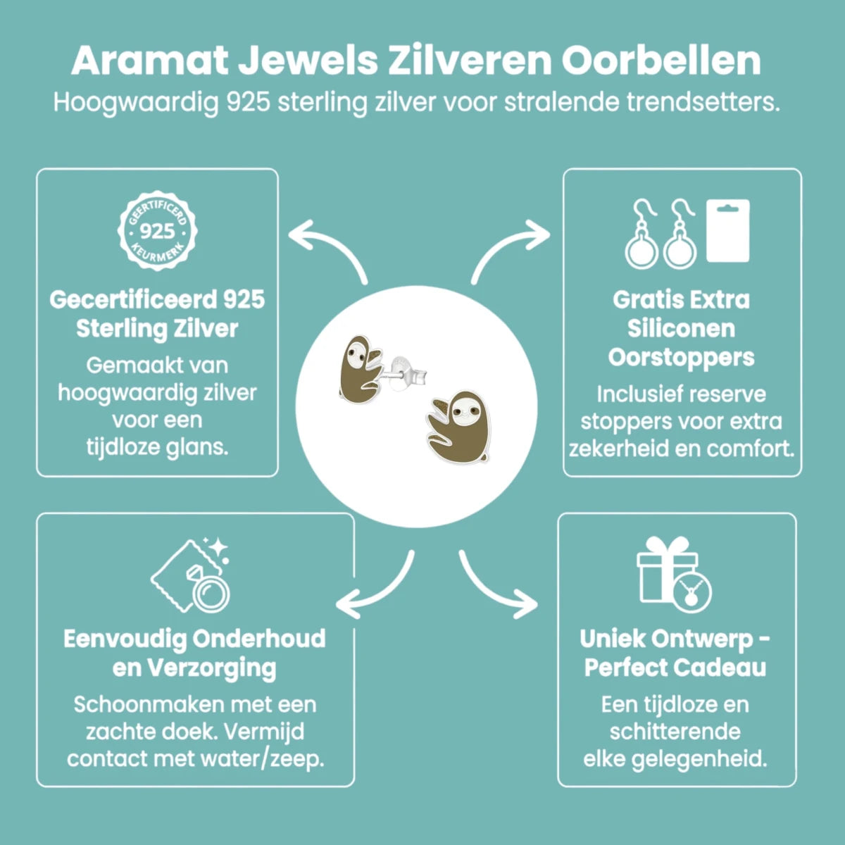 Zilveren Luiaard Oorbellen - Bruin/Beige Emaille -