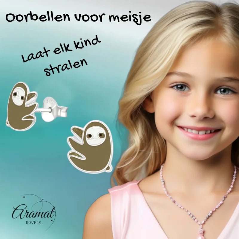 Zilveren Luiaard Oorbellen - Bruin/Beige Emaille -