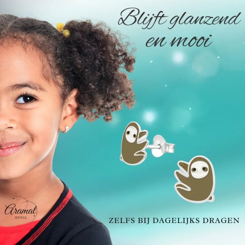 Zilveren Luiaard Oorbellen - Bruin/Beige Emaille -