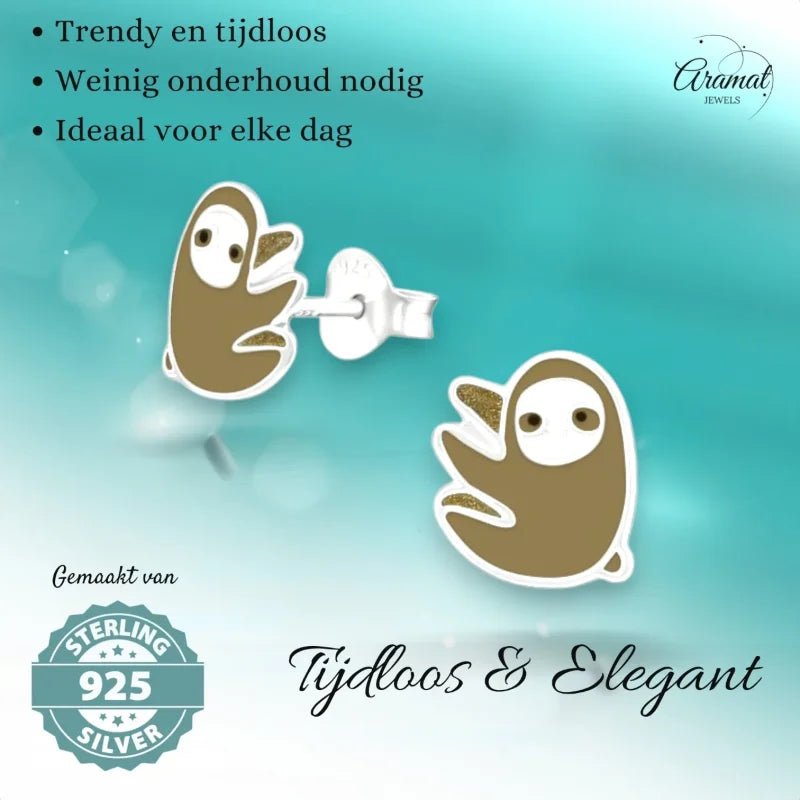Zilveren Luiaard Oorbellen - Bruin/Beige Emaille -