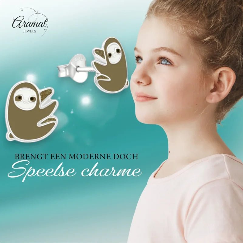 Zilveren Luiaard Oorbellen - Bruin/Beige Emaille -