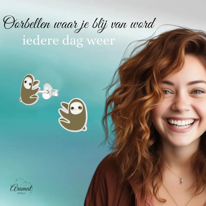 Zilveren Luiaard Oorbellen - Bruin/Beige Emaille -