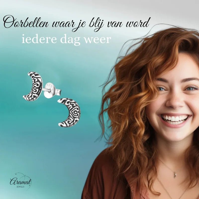 Zilveren Bali Oorbellen Maan - Geoxideerd Motief - Dames