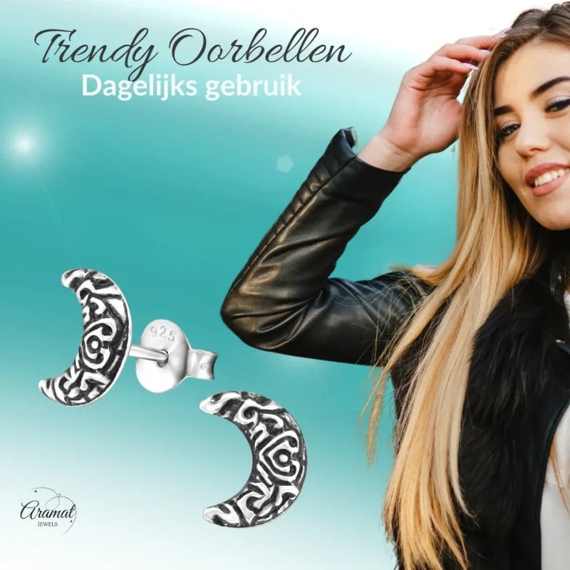 Zilveren Bali Oorbellen Maan - Geoxideerd Motief - Dames