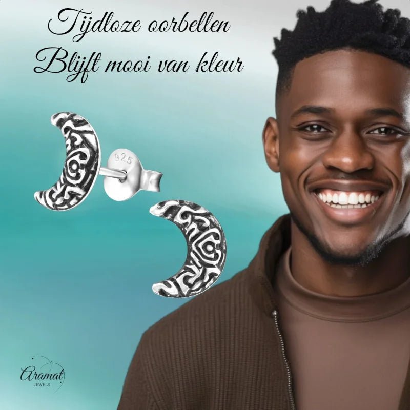 Zilveren Bali Oorbellen Maan - Geoxideerd Motief - Dames