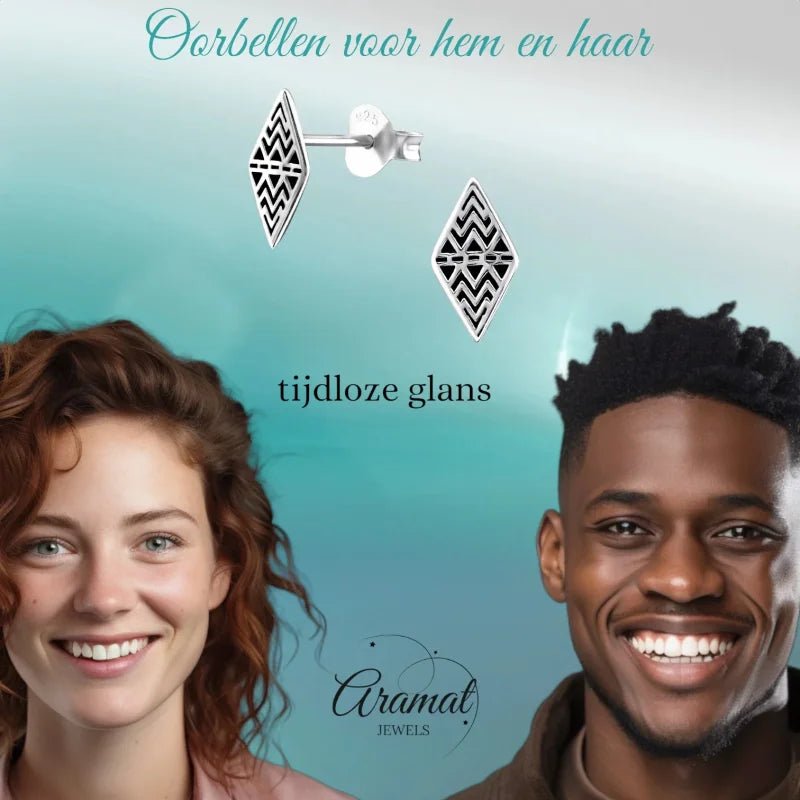 Zilveren Bali Oorbellen Ruit - Geoxideerd Motief -