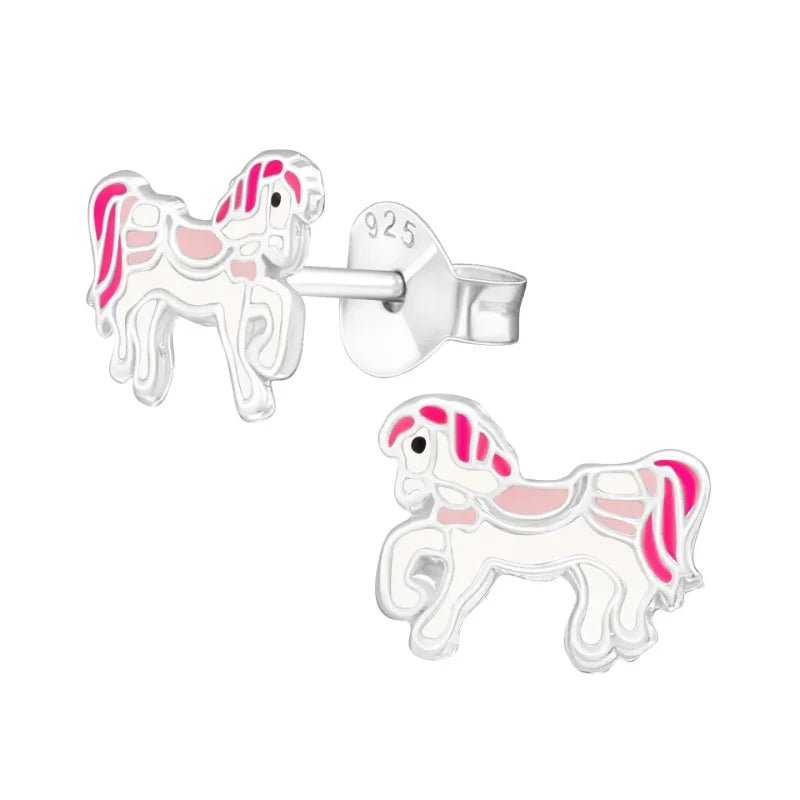 Zilveren Paarden Oorbellen - Wit/Roze Emaille - Unisex