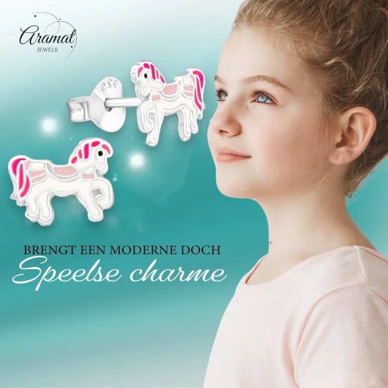 Zilveren Paarden Oorbellen - Wit/Roze Emaille - Unisex