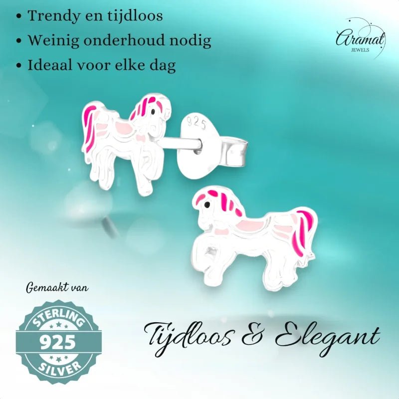 Zilveren Paarden Oorbellen - Wit/Roze Emaille - Unisex