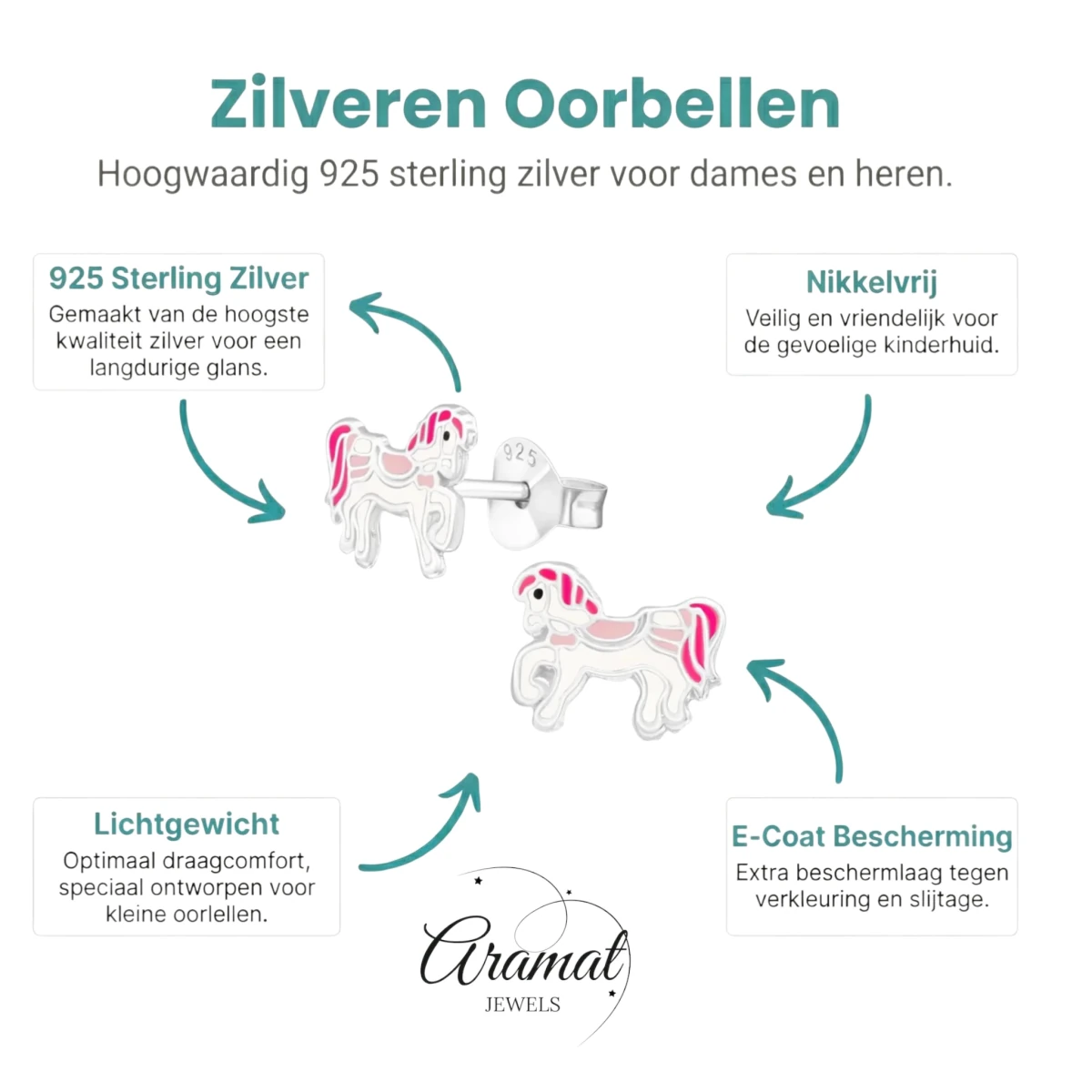 Zilveren Paarden Oorbellen - Wit/Roze Emaille - Unisex
