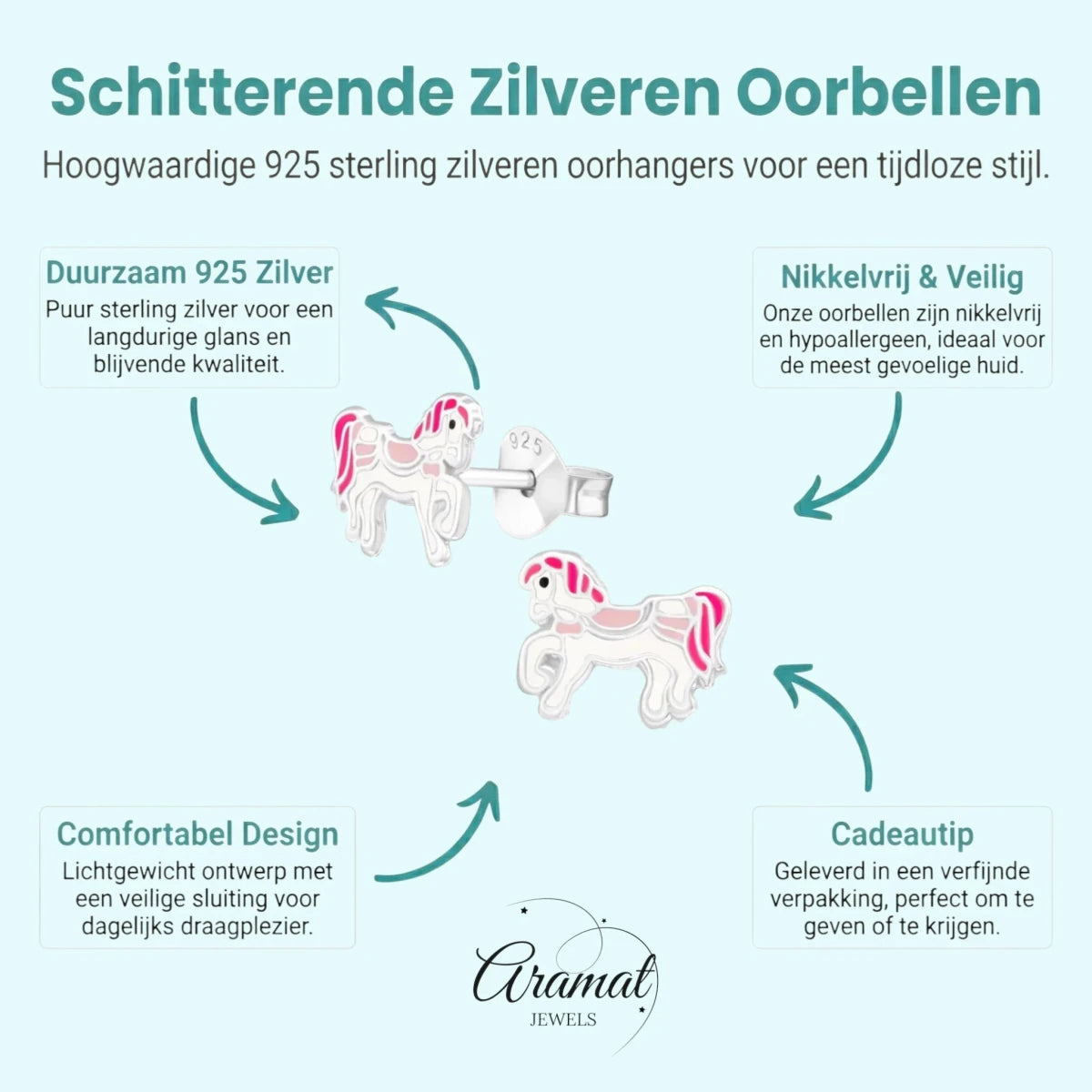 Zilveren Paarden Oorbellen - Wit/Roze Emaille - Unisex