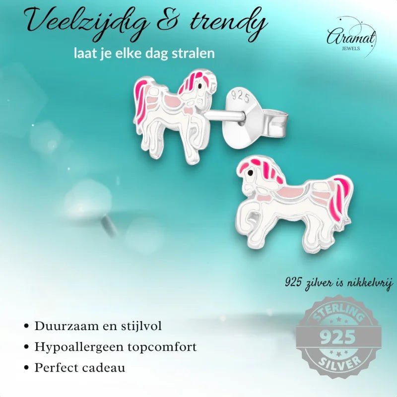 Zilveren Paarden Oorbellen - Wit/Roze Emaille - Unisex