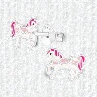 Zilveren Paarden Oorbellen - Wit/Roze Emaille - Unisex