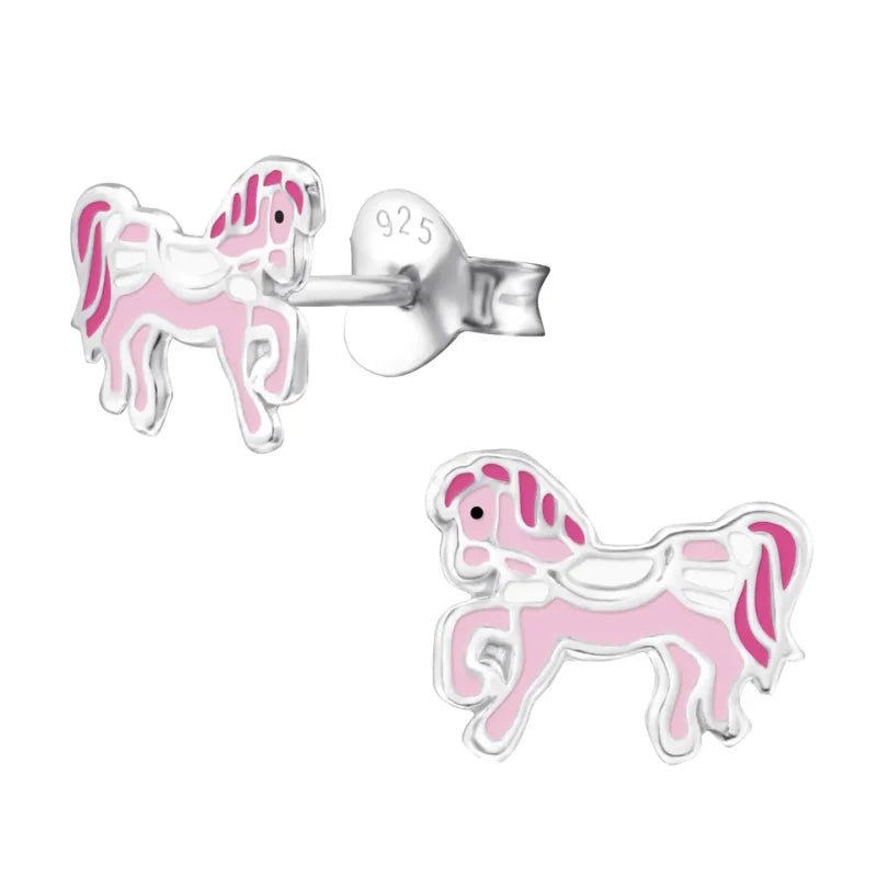 Schattige Zilveren Paarden Oorbellen &acirc;&euro;&ldquo; Roze Emaille &acirc;&euro;&ldquo; 9x7mm -