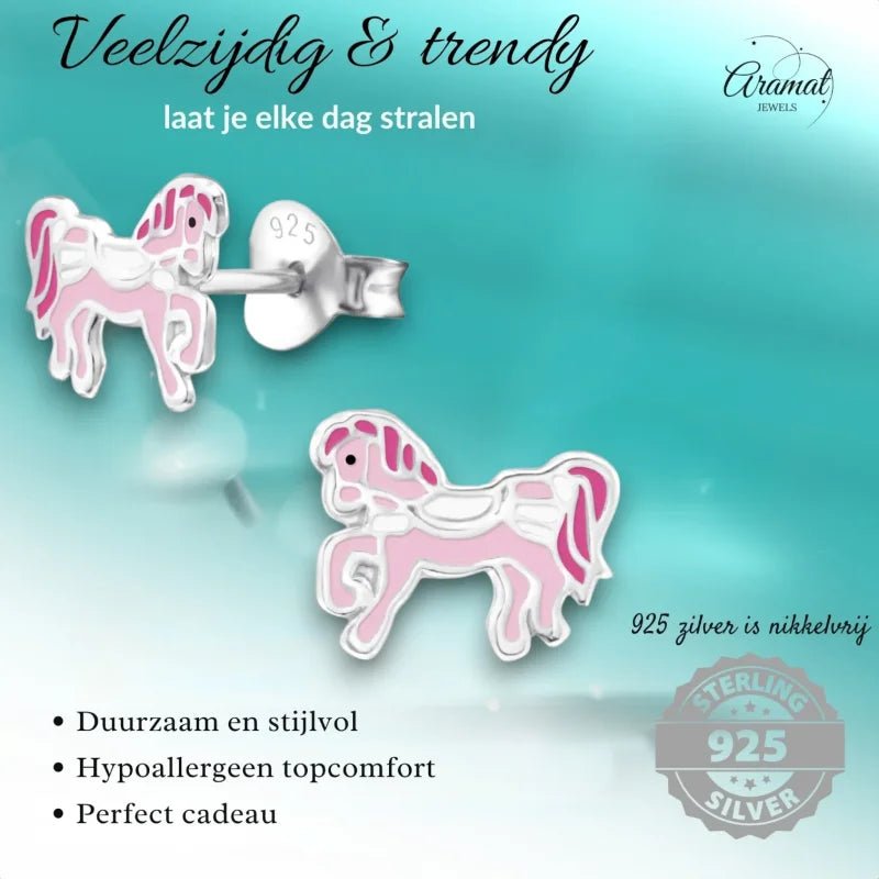 Schattige Zilveren Paarden Oorbellen &acirc;&euro;&ldquo; Roze Emaille &acirc;&euro;&ldquo; 9x7mm -