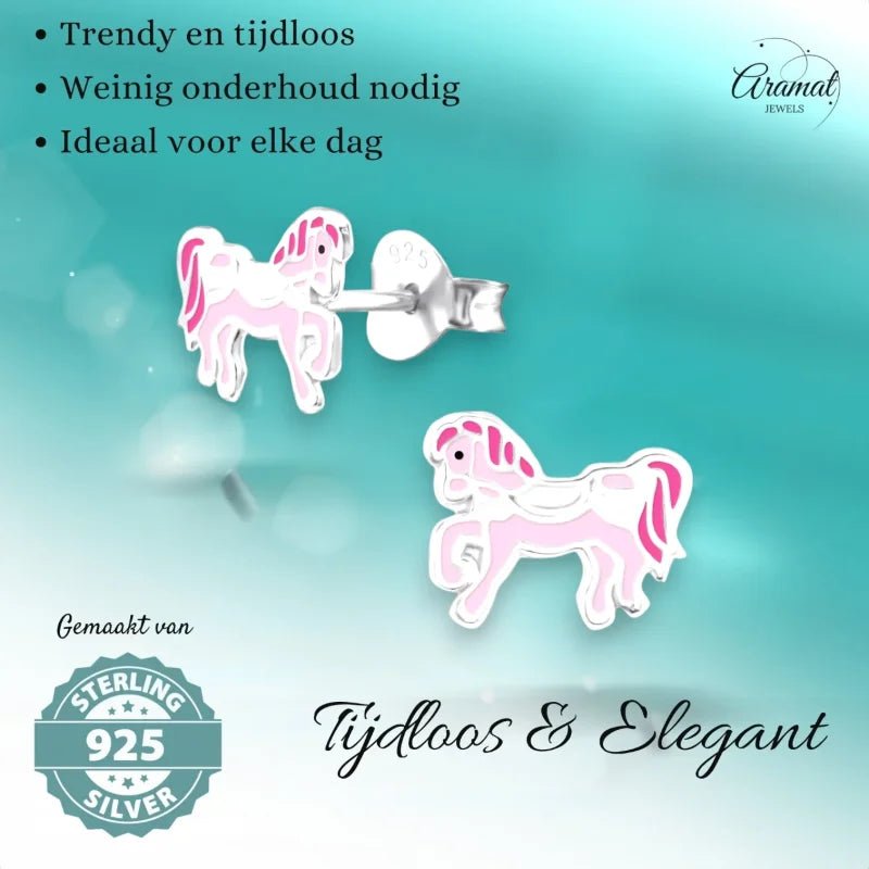 Schattige Zilveren Paarden Oorbellen &acirc;&euro;&ldquo; Roze Emaille &acirc;&euro;&ldquo; 9x7mm -