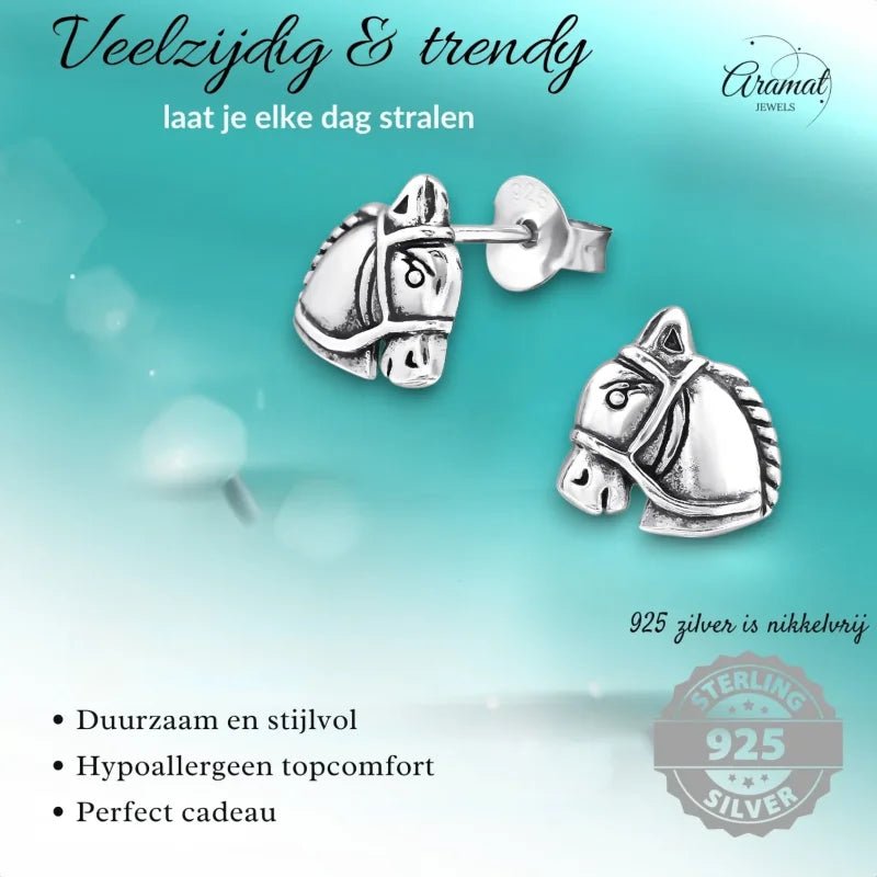 Zilveren Paarden Oorbellen &acirc;&euro;&ldquo; Geoxideerd Zilver &acirc;&euro;&ldquo; 9x7mm -
