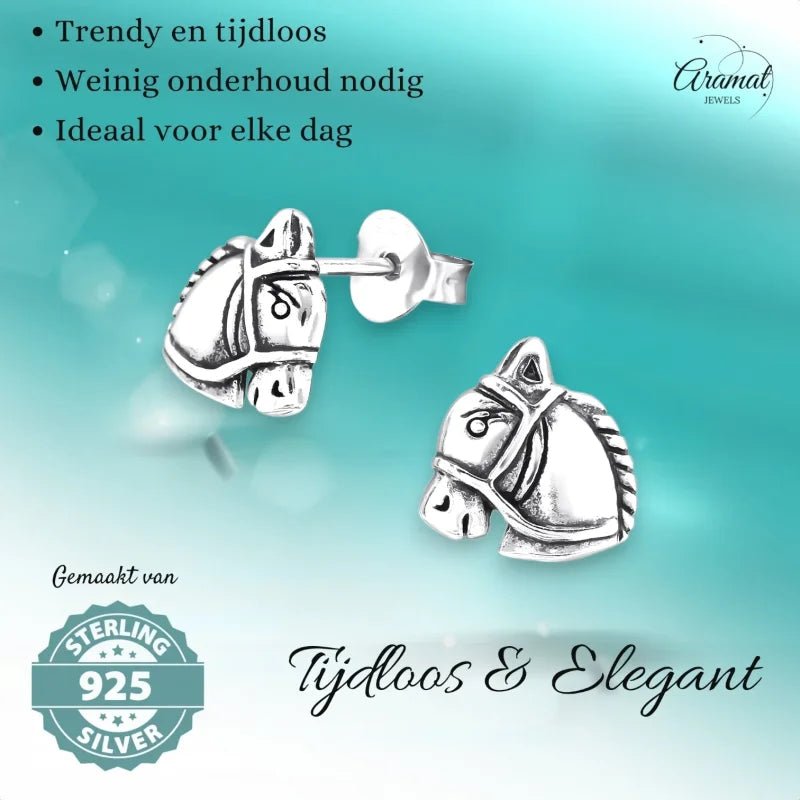 Zilveren Paarden Oorbellen &acirc;&euro;&ldquo; Geoxideerd Zilver &acirc;&euro;&ldquo; 9x7mm -