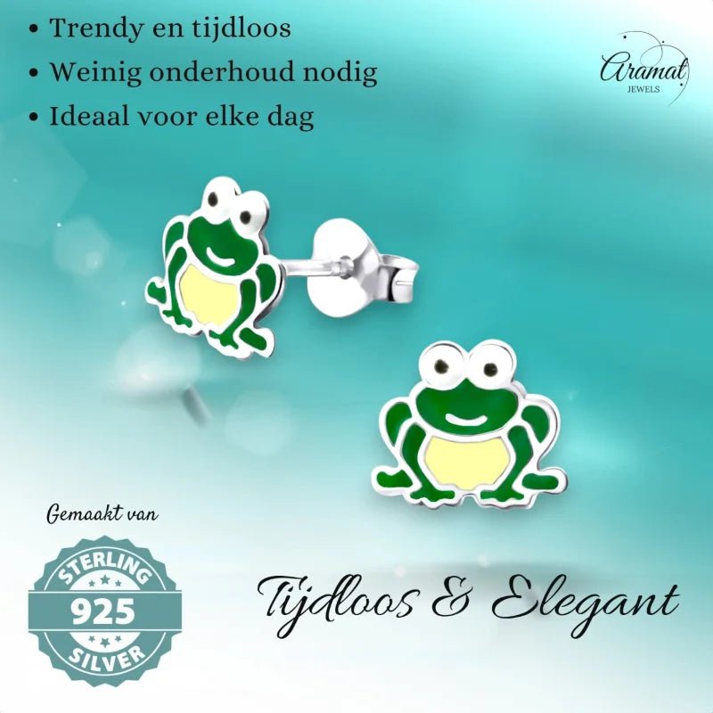 Zilveren Kikker Oorbellen &acirc;&euro;&ldquo; 9x10mm &acirc;&euro;&ldquo; Emaille - Unisex