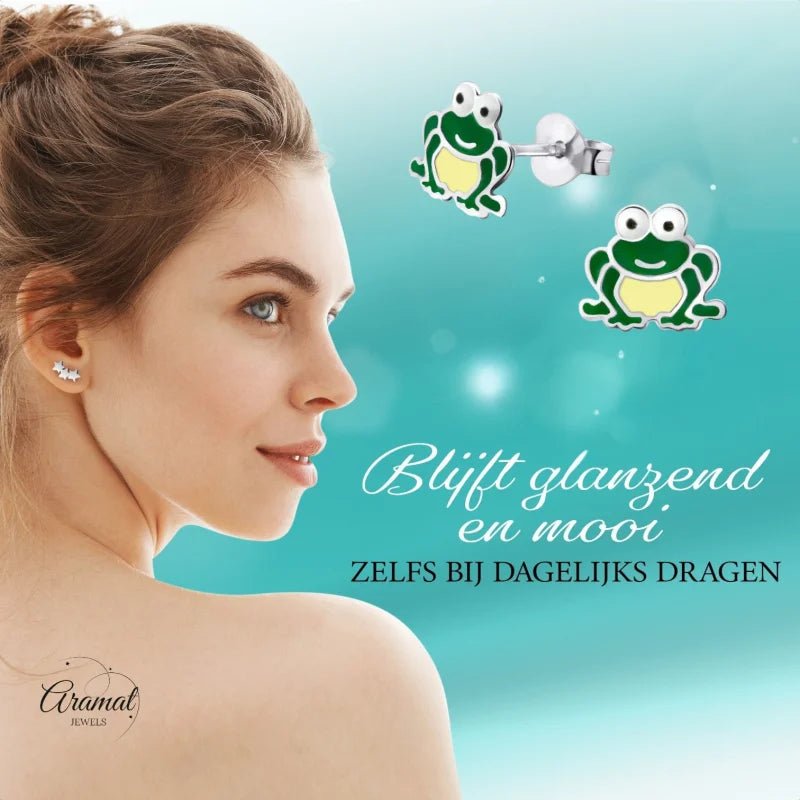 Zilveren Kikker Oorbellen &acirc;&euro;&ldquo; 9x10mm &acirc;&euro;&ldquo; Emaille - Unisex