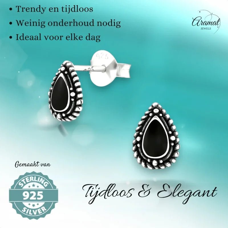 Zilveren Bali Druppel Oorbellen &acirc;&euro;&ldquo; Zwart Emaille &acirc;&euro;&ldquo; 8x5,5mm -