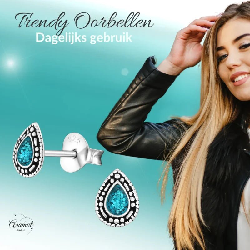 Zilveren Bali Druppel Oorbellen &acirc;&euro;&ldquo; Glitter Emaille &acirc;&euro;&ldquo; 6x4mm - Ro
