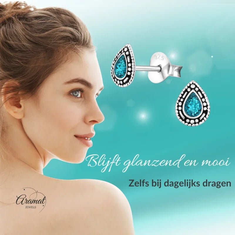 Zilveren Bali Druppel Oorbellen &acirc;&euro;&ldquo; Glitter Emaille &acirc;&euro;&ldquo; 6x4mm - Ro