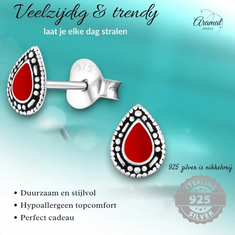 Zilveren Bali Druppel Oorbellen &acirc;&euro;&ldquo; Rood Emaille &acirc;&euro;&ldquo; 6x4mm - Rood 