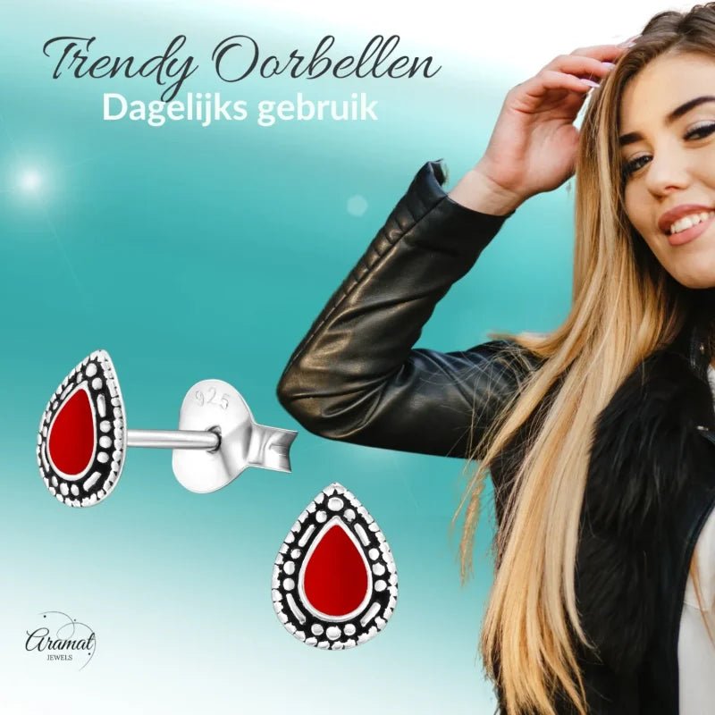Zilveren Bali Druppel Oorbellen &acirc;&euro;&ldquo; Rood Emaille &acirc;&euro;&ldquo; 6x4mm - Rood 
