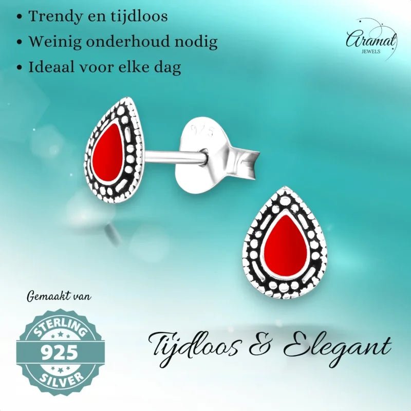 Zilveren Bali Druppel Oorbellen &acirc;&euro;&ldquo; Rood Emaille &acirc;&euro;&ldquo; 6x4mm - Rood 