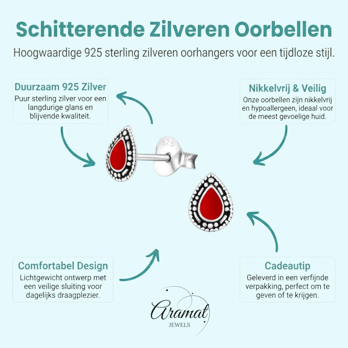 Zilveren Bali Druppel Oorbellen &acirc;&euro;&ldquo; Rood Emaille &acirc;&euro;&ldquo; 6x4mm - Rood 