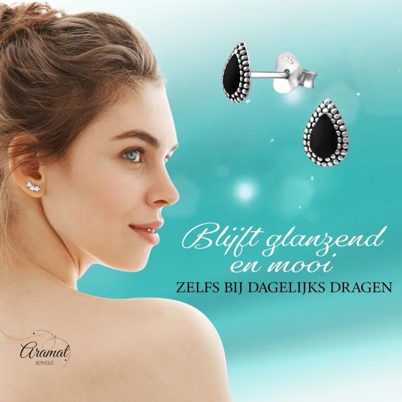 Zilveren Bali Druppel Oorbellen &acirc;&euro;&ldquo; 7x4mm &acirc;&euro;&ldquo; Emaille in Zwart, Bl