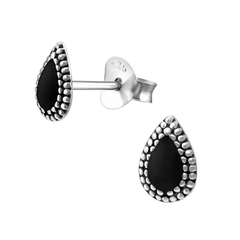 Zilveren Bali Druppel Oorbellen &acirc;&euro;&ldquo; 7x4mm &acirc;&euro;&ldquo; Emaille in Zwart, Bl