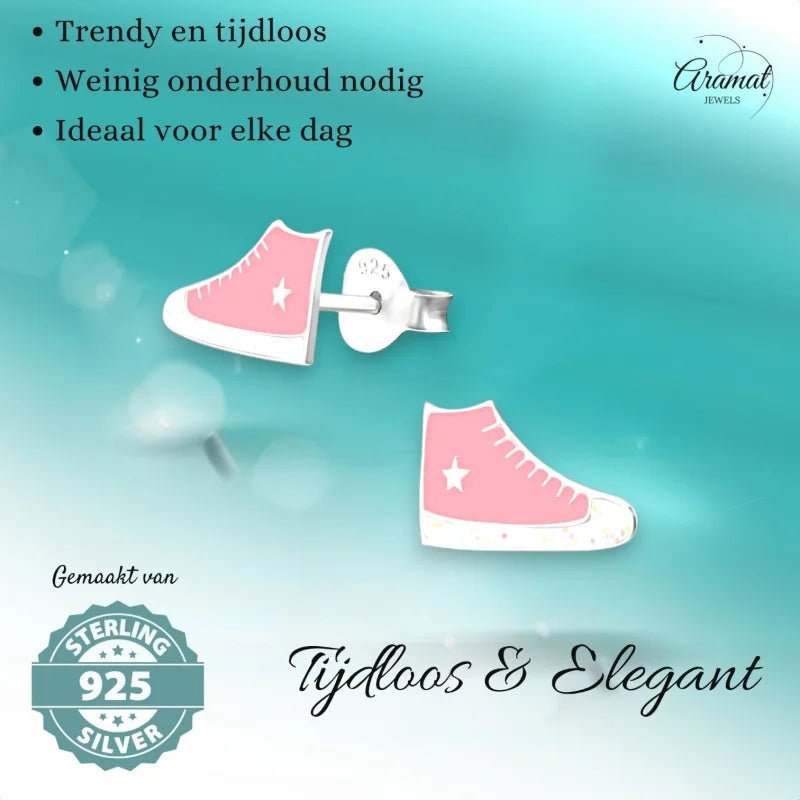 Zilveren Sneaker Oorbellen &acirc;&euro;&ldquo; Roze Emaille &acirc;&euro;&ldquo; 10x6mm - Dames