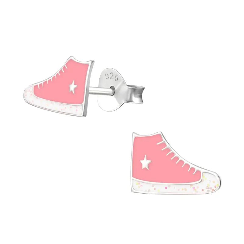 Zilveren Sneaker Oorbellen met Roze en Witte Glitter Emaille &acirc;&euro;&ldquo; 10x6mm -