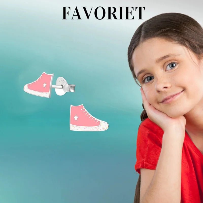 Zilveren Sneaker Oorbellen met Roze en Witte Glitter Emaille &acirc;&euro;&ldquo; 10x6mm -