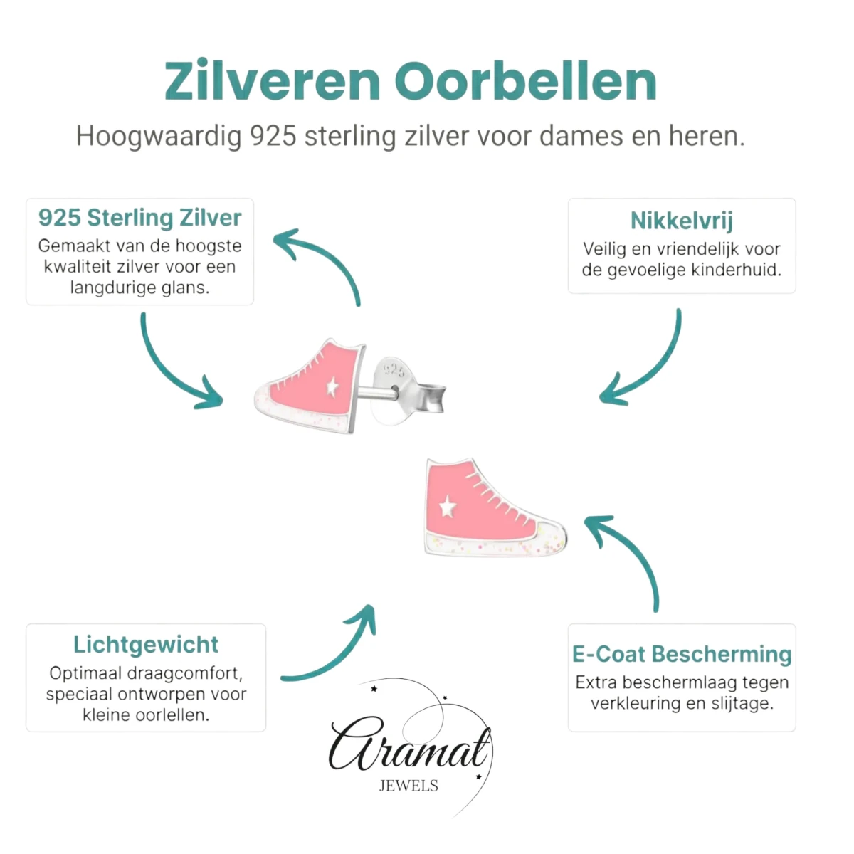 Zilveren Sneaker Oorbellen met Roze en Witte Glitter Emaille &acirc;&euro;&ldquo; 10x6mm -