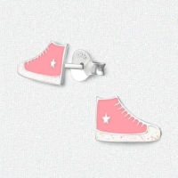 Zilveren Sneaker Oorbellen met Roze en Witte Glitter Emaille &acirc;&euro;&ldquo; 10x6mm -