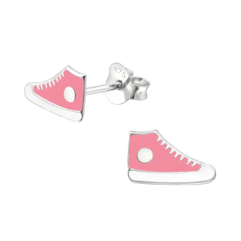 Zilveren Sneaker Oorbellen &acirc;&euro;&ldquo; Roze en Witte Emaille &acirc;&euro;&ldquo; 10x6mm -