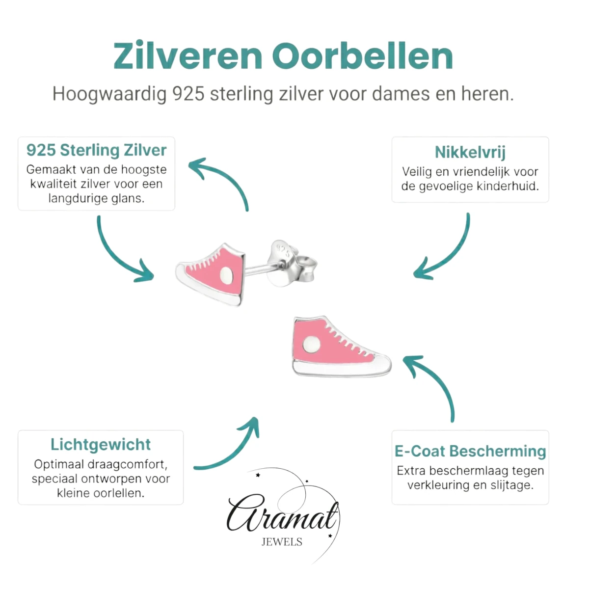 Zilveren Sneaker Oorbellen &acirc;&euro;&ldquo; Roze en Witte Emaille &acirc;&euro;&ldquo; 10x6mm -